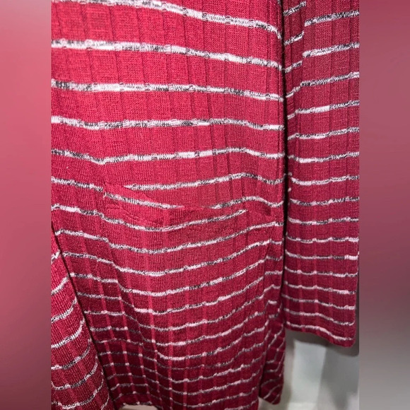 LOGO Lori Goldstein striped pockets long sleeve,shawl neckline, open cardigan Lg - Picture 6 of 11